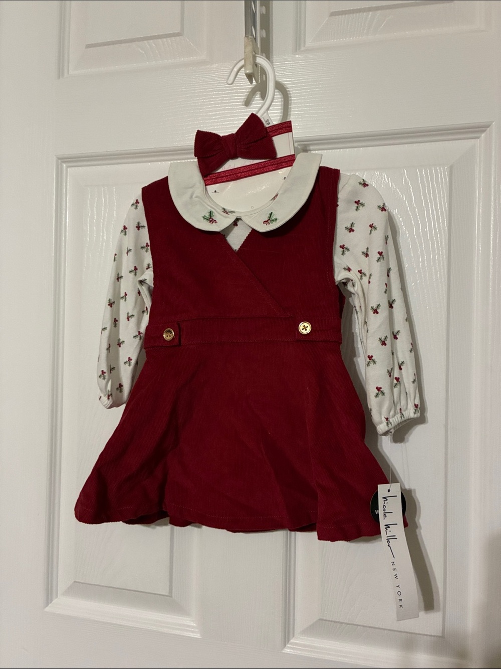 Nicole Miller Red Corduroy Pinafore Dress with Bow Headband